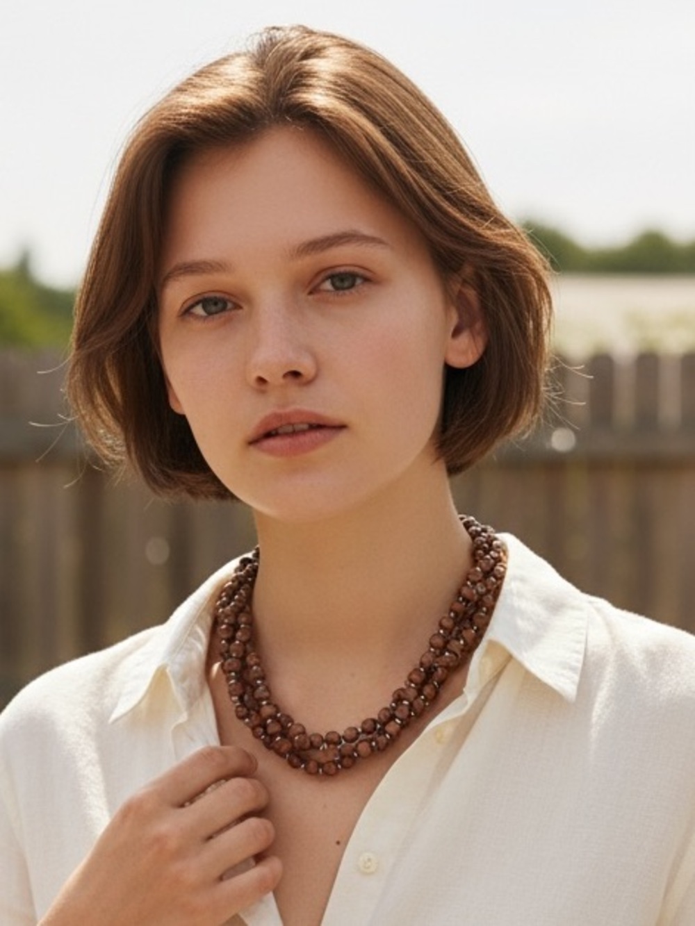 VINTAGE NECKLACE Wooden Beads 3-Strands with Metal Spacers 18” Brown